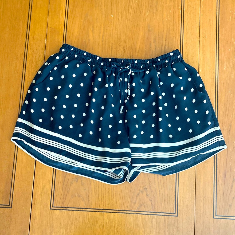 Anthropologie Elevenses Navy and Cream Polka Dot Shorts